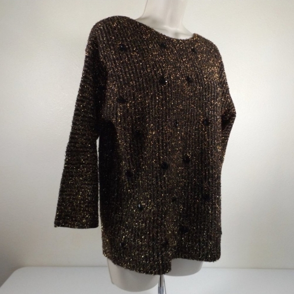 Ruby Rd Embellished Brown and Gold Metallic Pullover Sweater Petite Large - Picture 3 of 12
